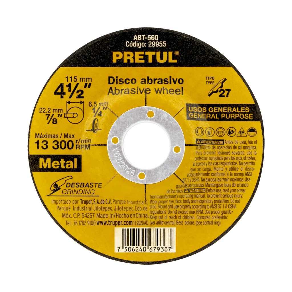 ABT-560 | Disco Tipo 27 de 4-1/2' x 6.2 mm desbaste de metal, Pretul
