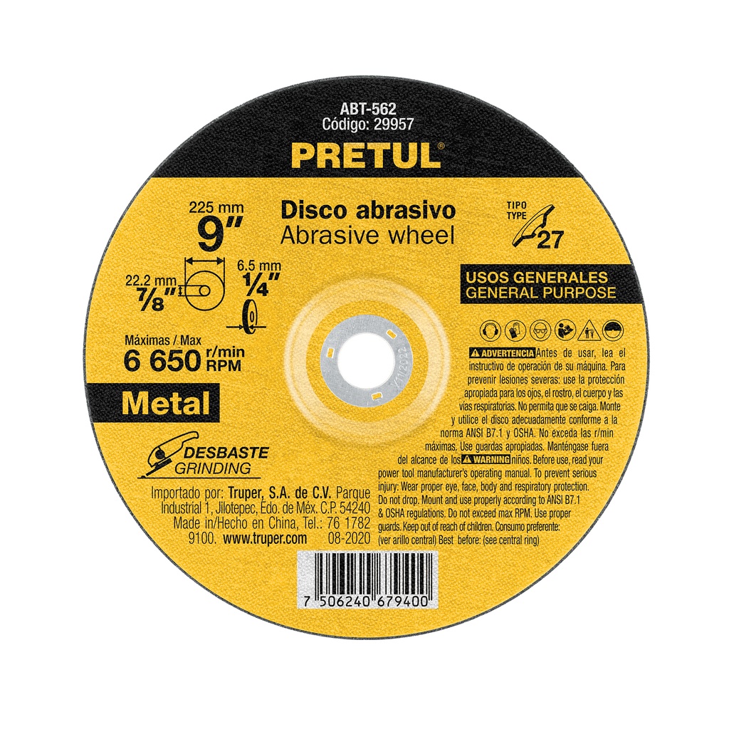 ABT-562 | Disco Tipo 27 de 9' x 6.2 mm desbaste de metal, Pretul