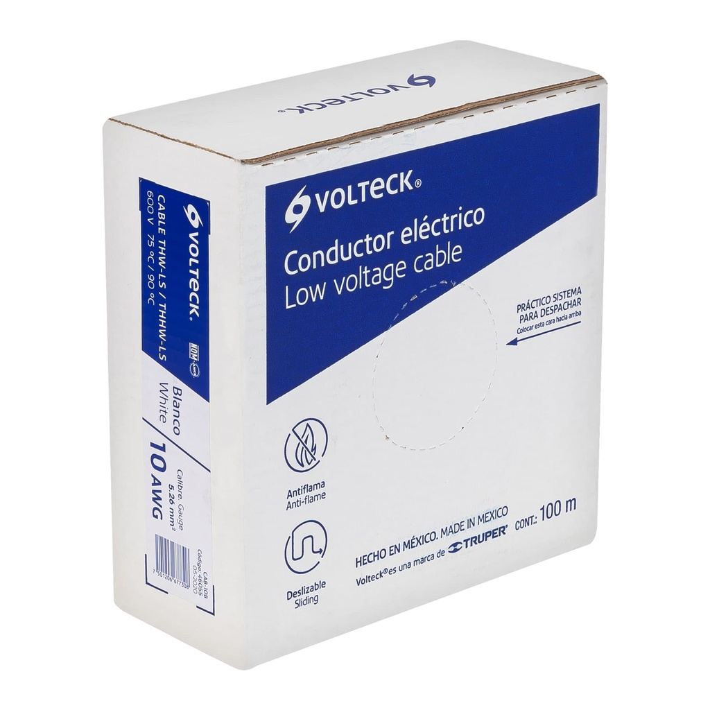 CAB-10B | Rollo de 100 m de cable THHW-LS 10 AWG blanco, Volteck