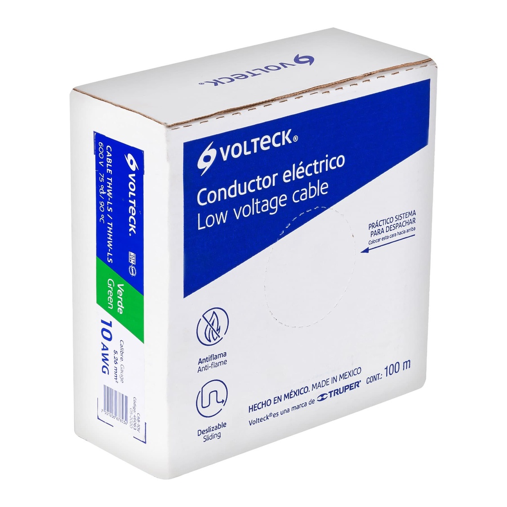 CAB-10V | Rollo de 100 m de cable THHW-LS 10 AWG verde, Volteck