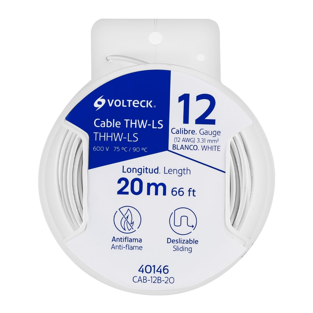CAB-12B-20 | Carrete con 20 m de cable THHW-LS 12 AWG blanco, Volteck
