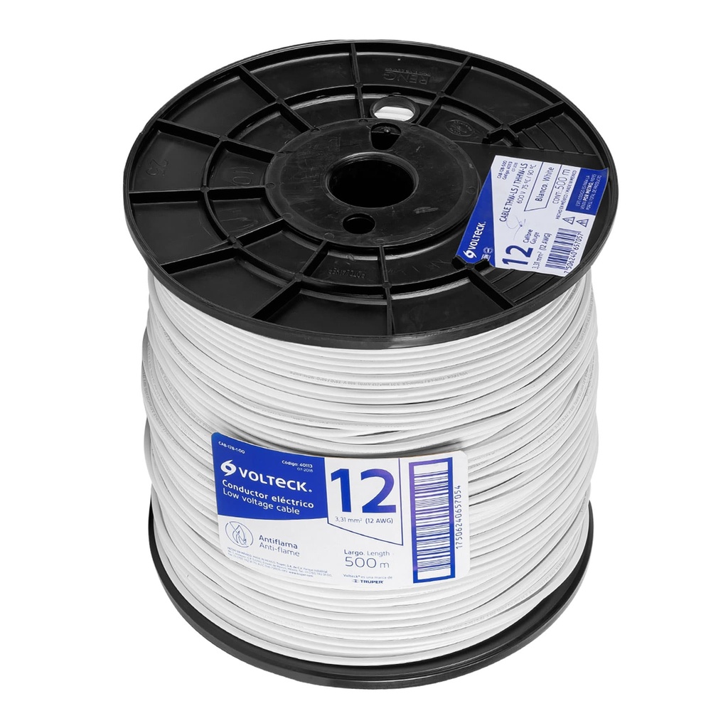 CAB-12B-500 | Metro de cable THHW-LS 12 AWG blanco en carrete de 500 m