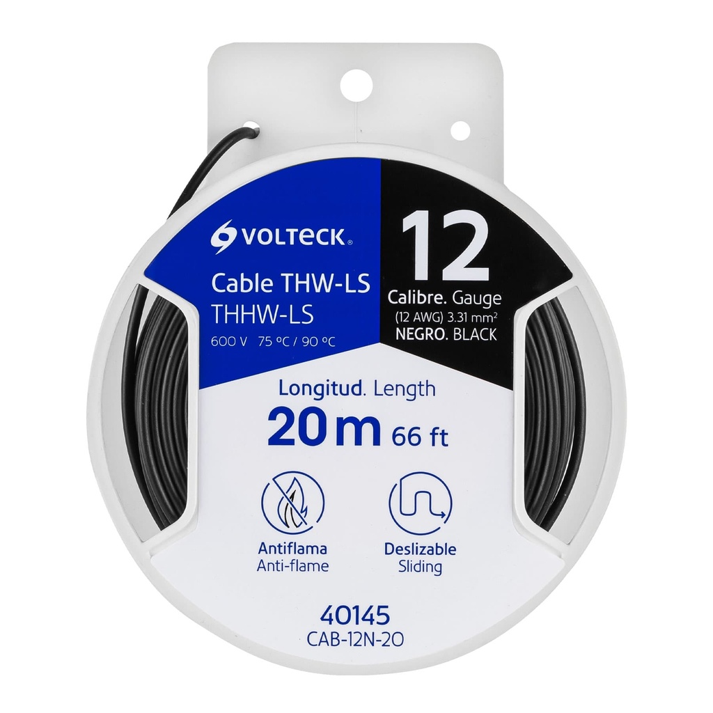 CAB-12N-20 | Carrete con 20 m de cable THHW-LS 12 AWG negro, Volteck