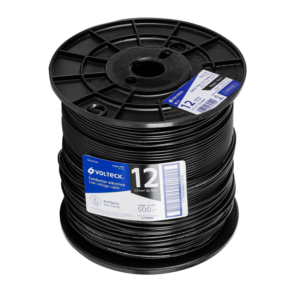 CAB-12N-500 | Metro de cable THHW-LS 12 AWG negro en carrete de 500 m
