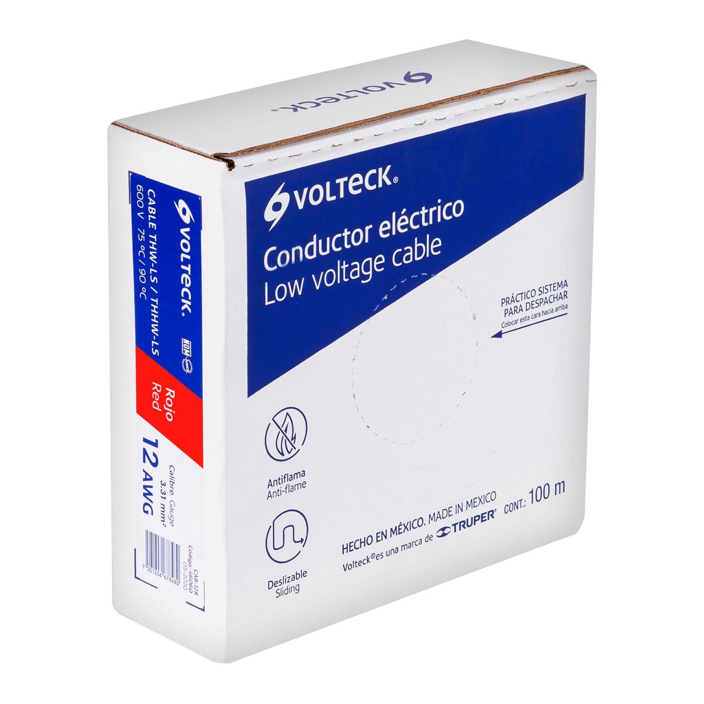 CAB-12R | Rollo de 100 m de cable THHW-LS 12 AWG rojo, Volteck