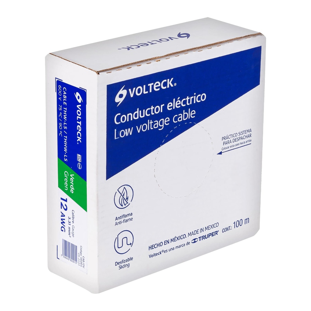 CAB-12V | Rollo de 100 m de cable THHW-LS 12 AWG verde, Volteck