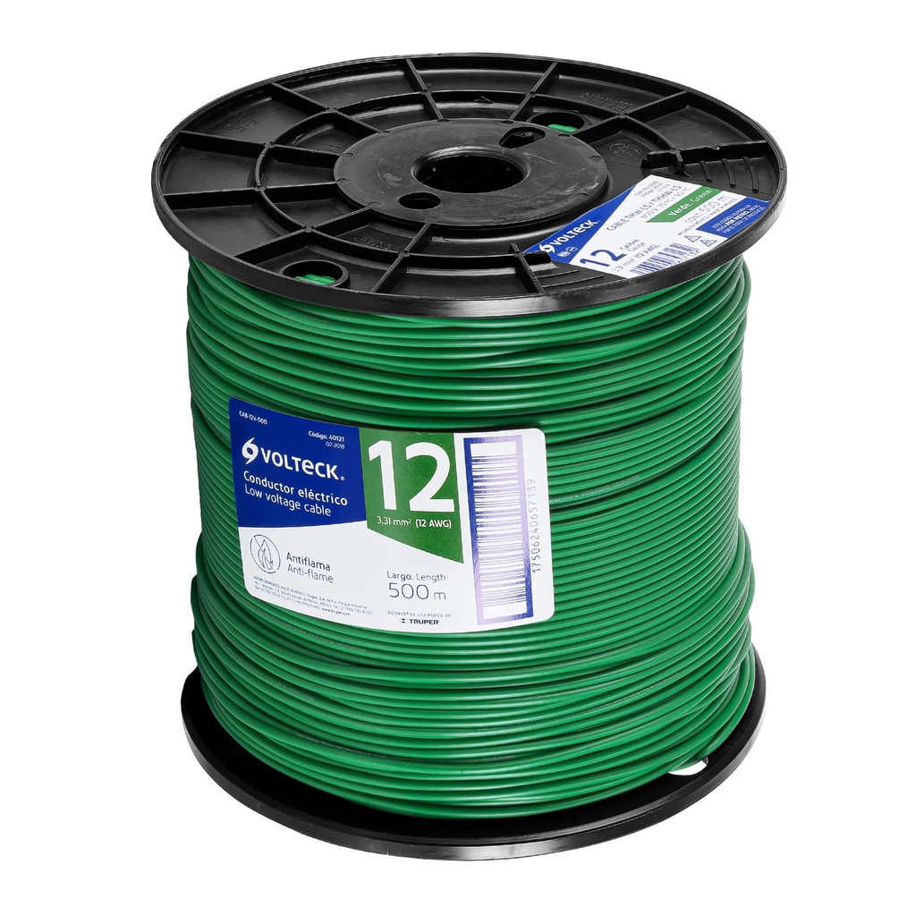 CAB-12V-500 | Metro de cable THHW-LS 12 AWG verde en carrete de 500 m