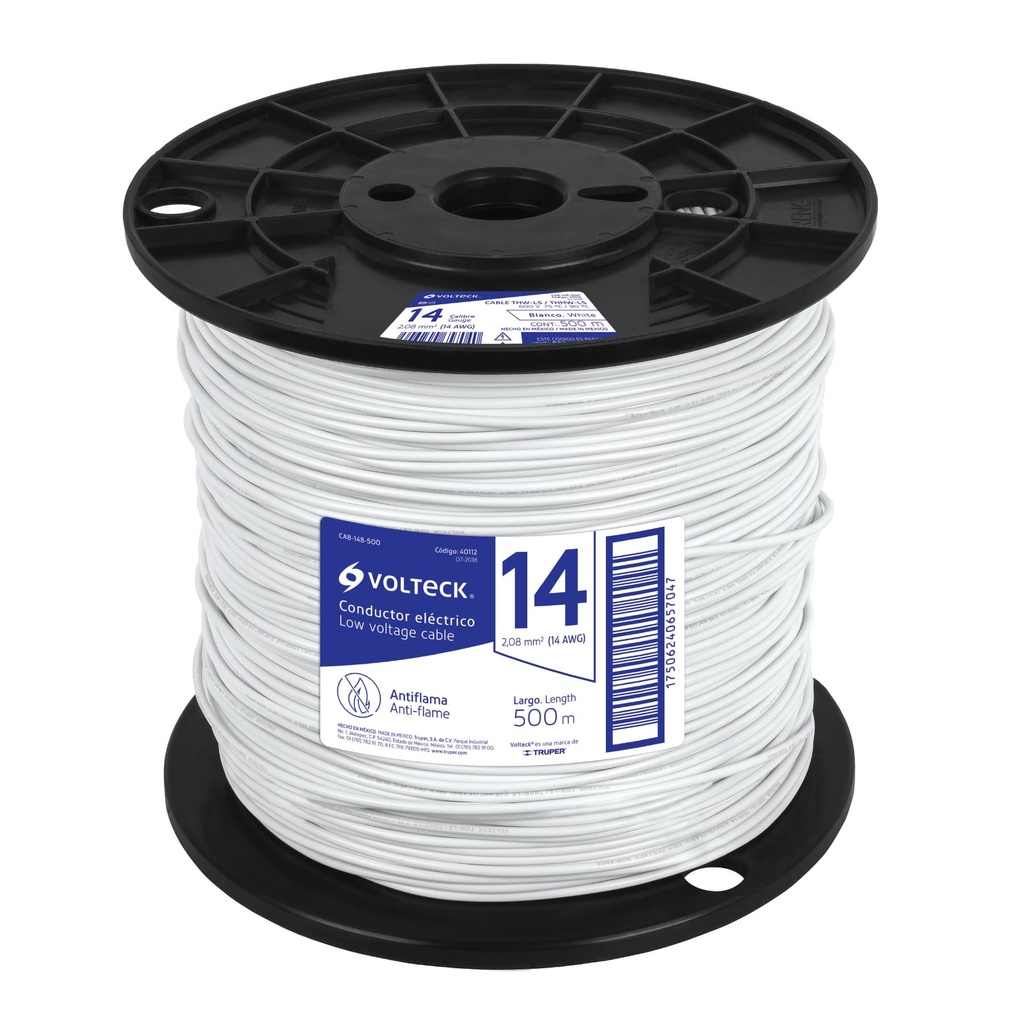 CAB-14B-500 | Metro de cable THHW-LS 14 AWG blanco en carrete de 500 m