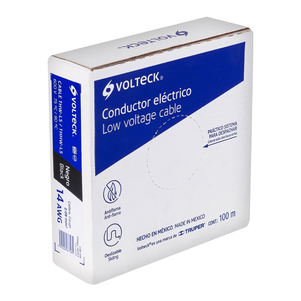 CAB-14N | Rollo de 100 m de cable THHW-LS 14 AWG negro, Volteck