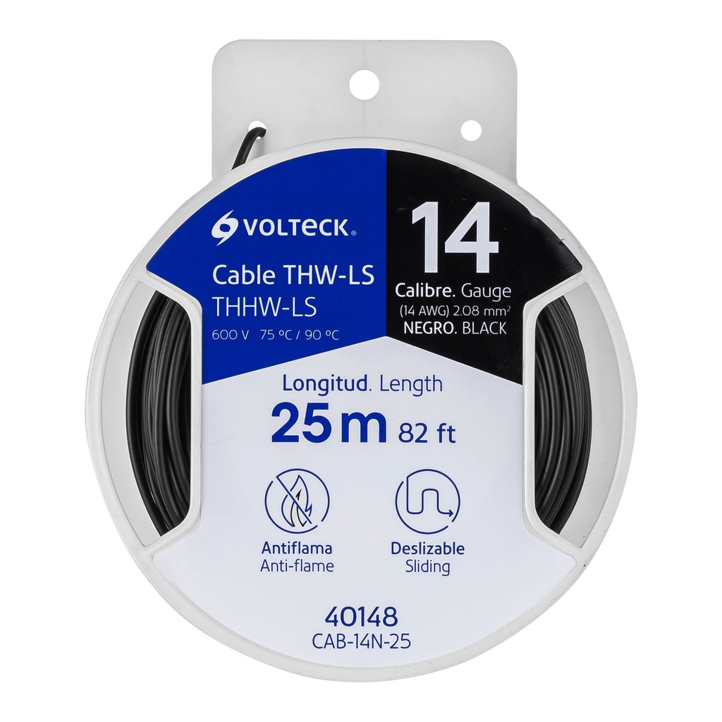 CAB-14N-25 | Carrete con 25 m de cable THHW-LS 14 AWG negro, Volteck