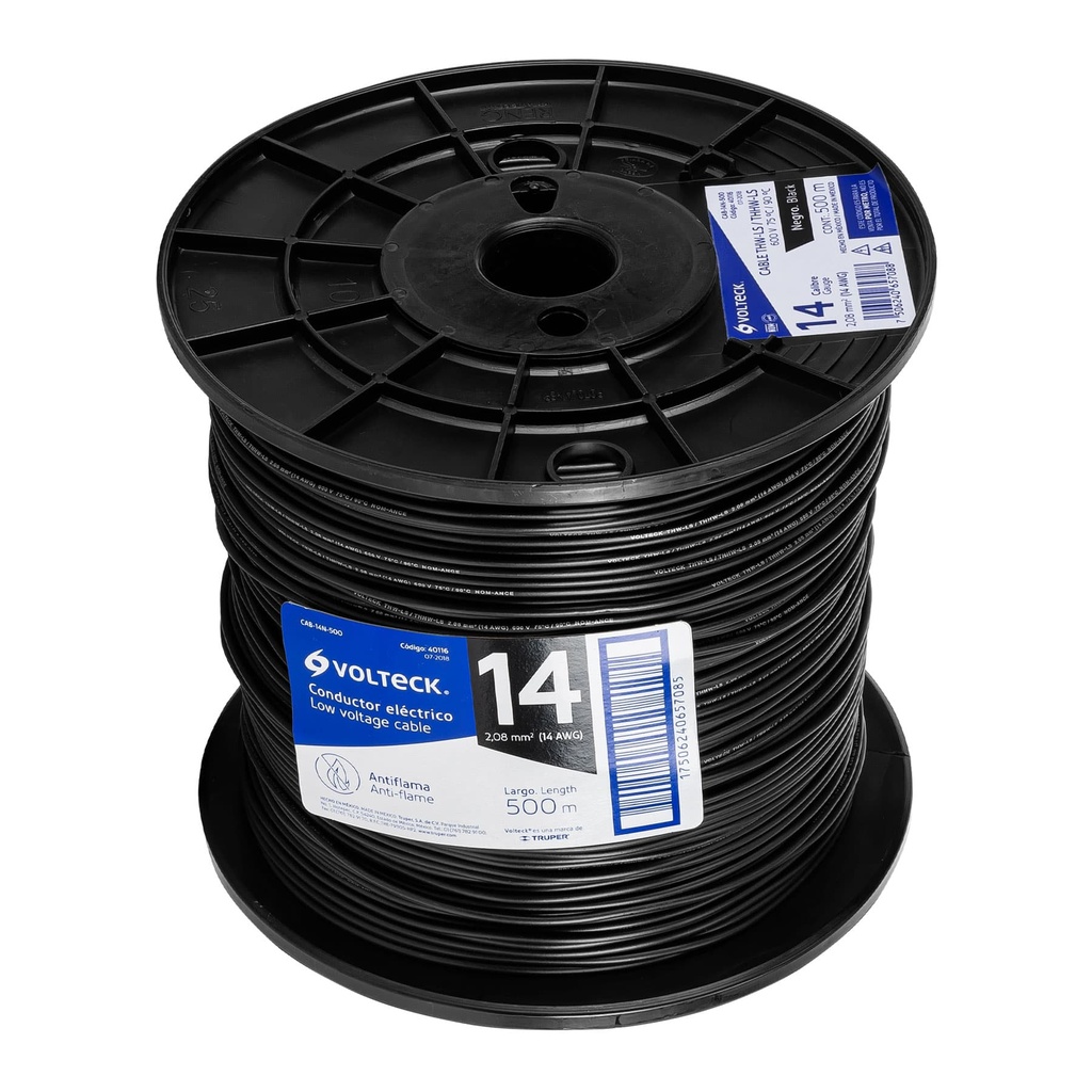 CAB-14N-500 | Metro de cable THHW-LS 14 AWG negro en carrete de 500 m