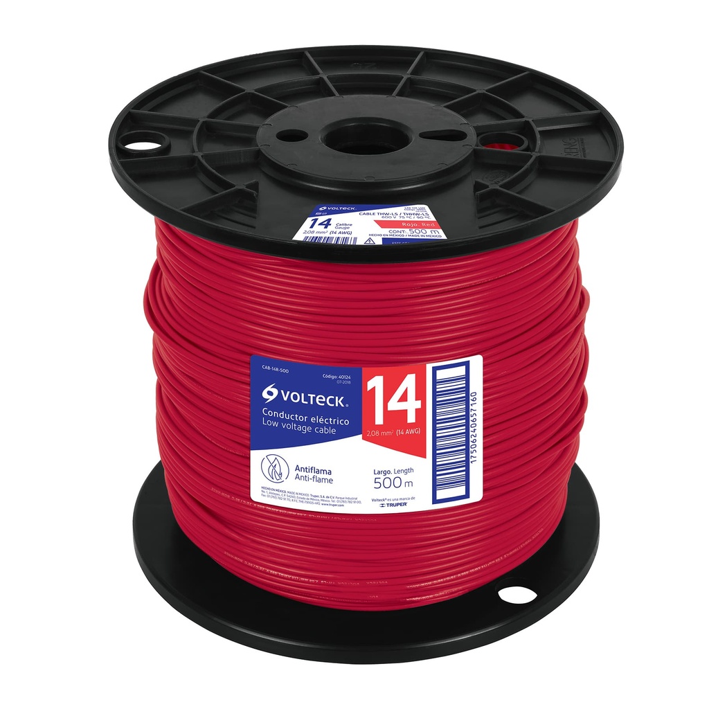 CAB-14R-500 | Metro de cable THHW-LS 14 AWG rojo en carrete de 500 m