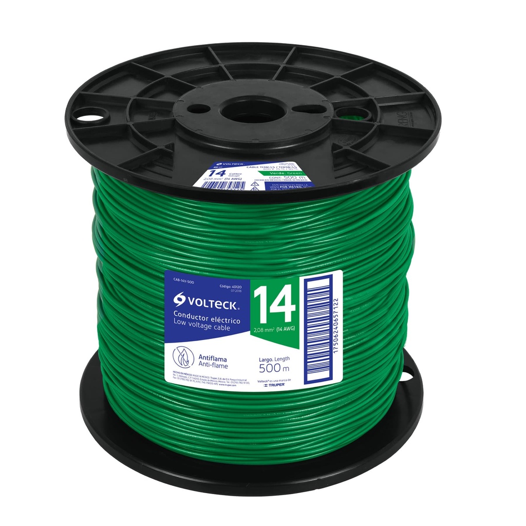 CAB-14V-500 | Metro de cable THHW-LS 14 AWG verde en carrete de 500 m