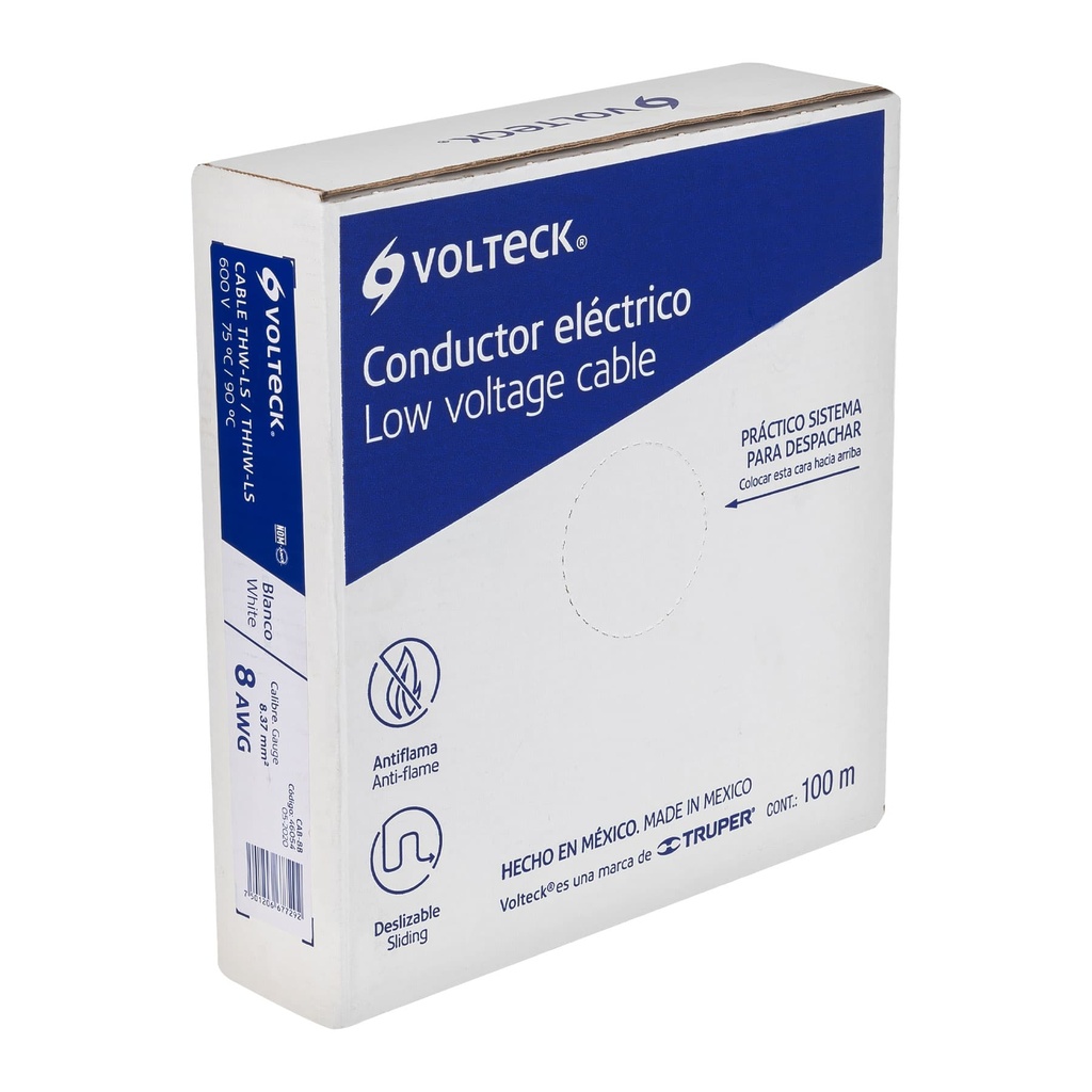 CAB-8B | Rollo de 100 m de cable THHW-LS 8 AWG blanco, Volteck