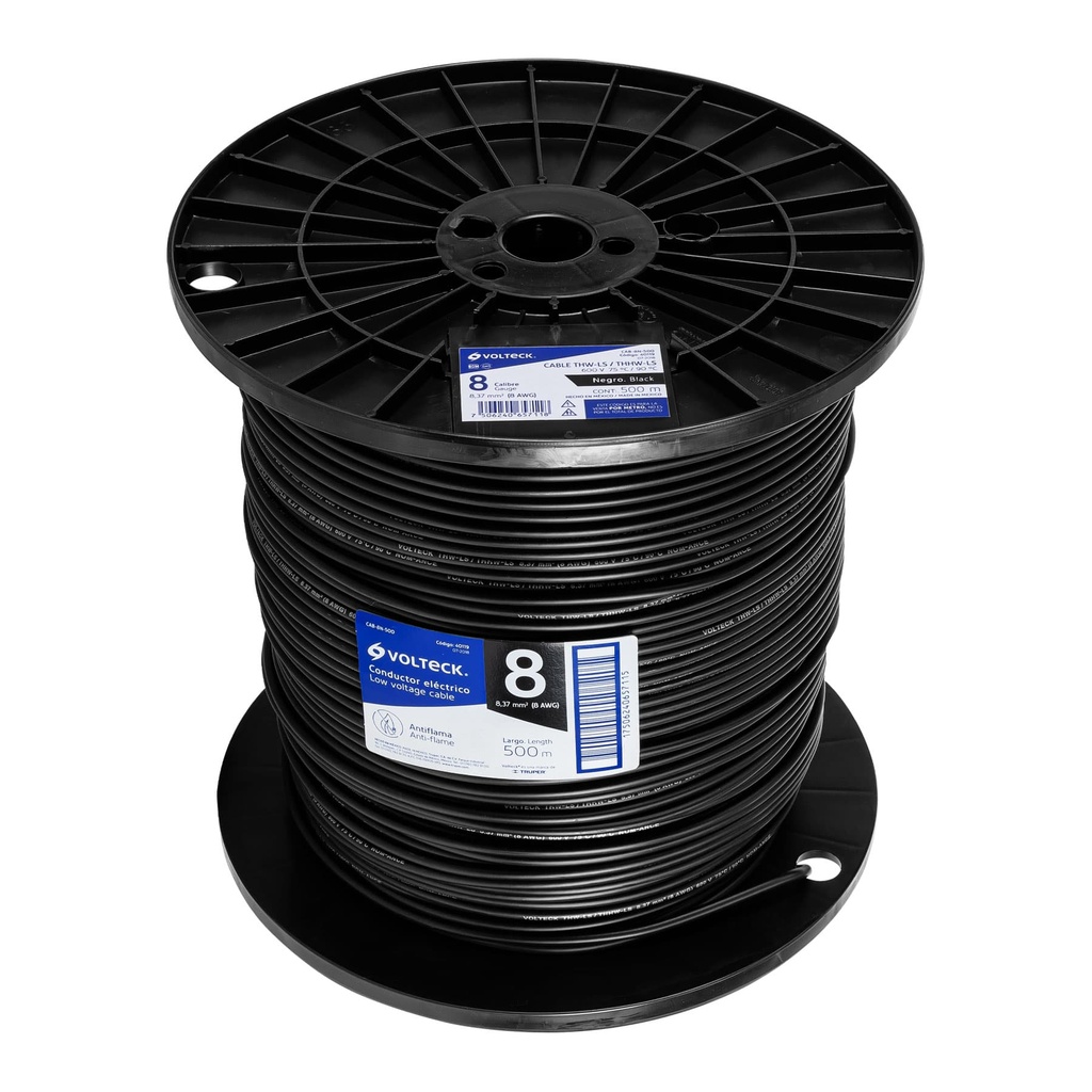 CAB-8N-500 | Metro de cable THHW-LS 8 AWG negro en carrete de 500 m