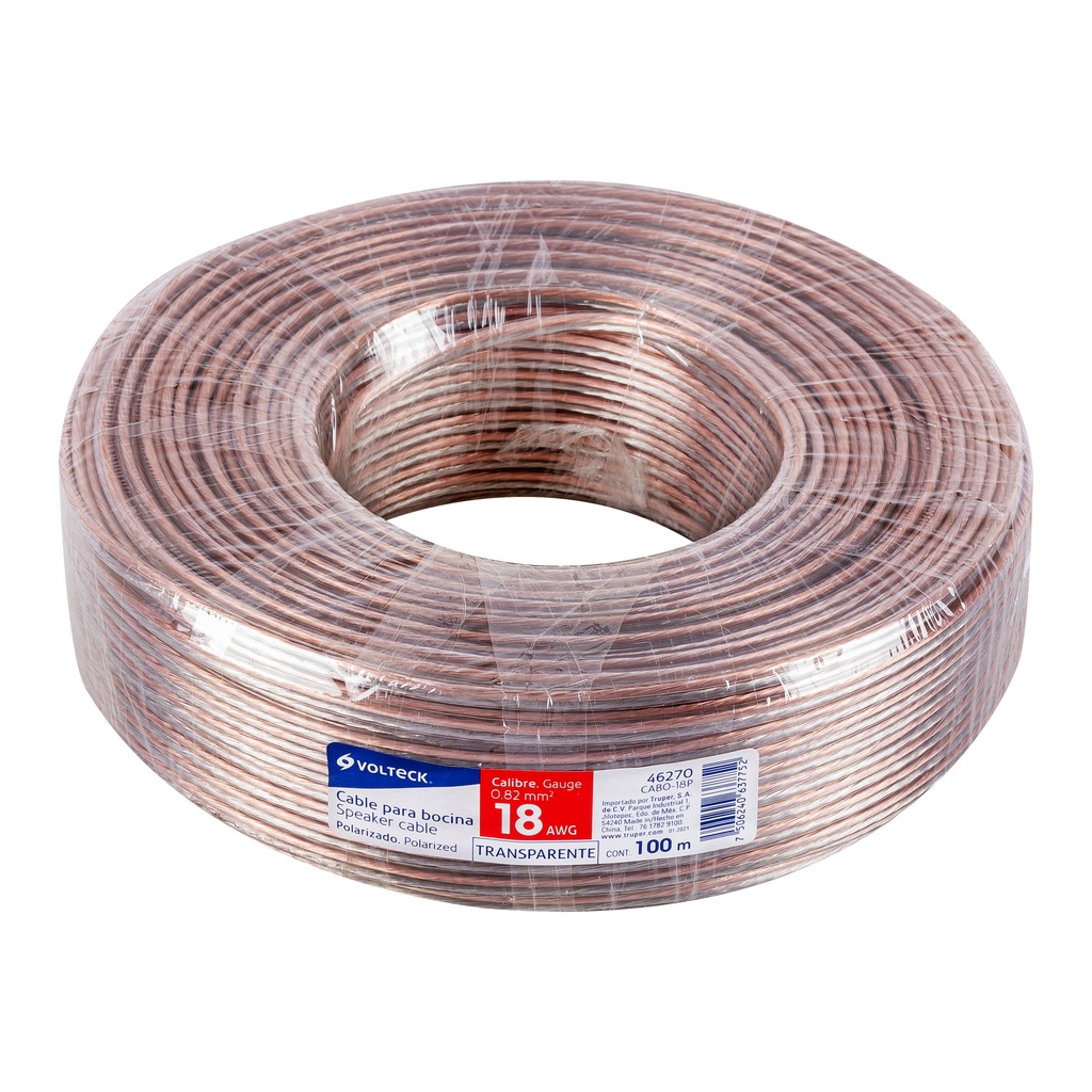 CABO-18P | Rollo de 100 m cable polarizado transparente p/bocina 18 AWG