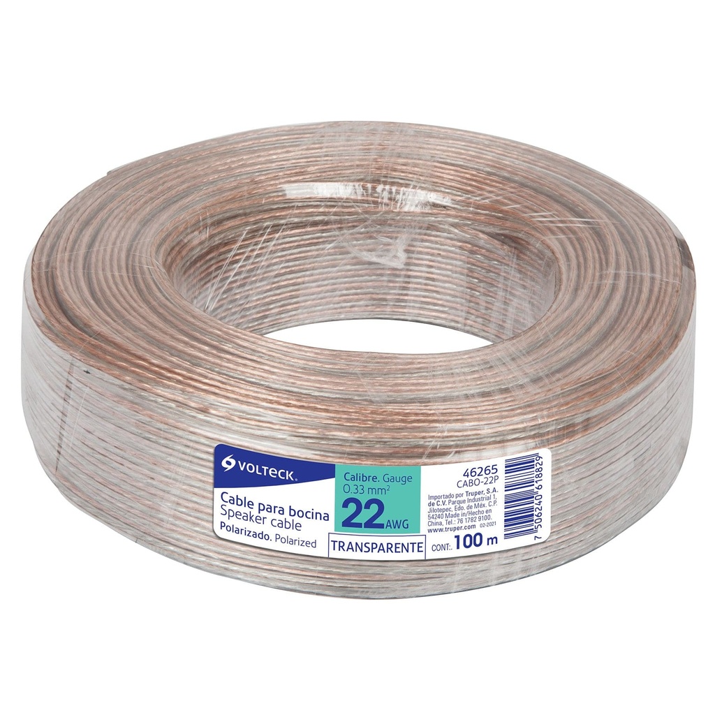 CABO-22P | Rollo de 100 m cable polarizado transparente p/bocina 22 AWG