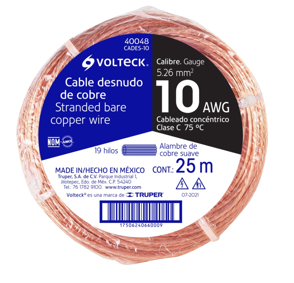 CADES-10 | Metro de cable desnudo de cobre calibre 10 AWG, rollo 25 m