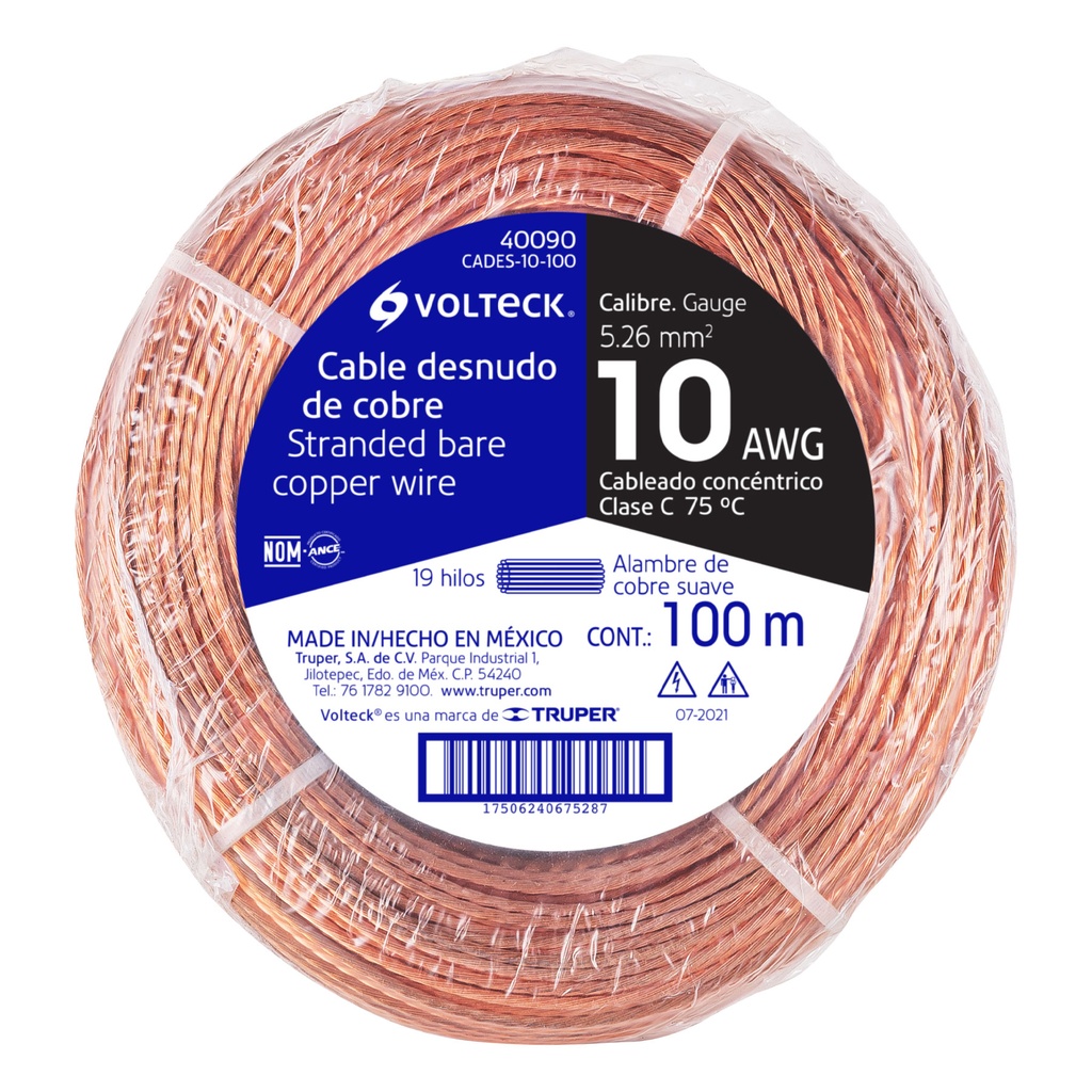 CADES-10-100 | Metro de cable desnudo de cobre calibre 10 AWG, rollo 100 m