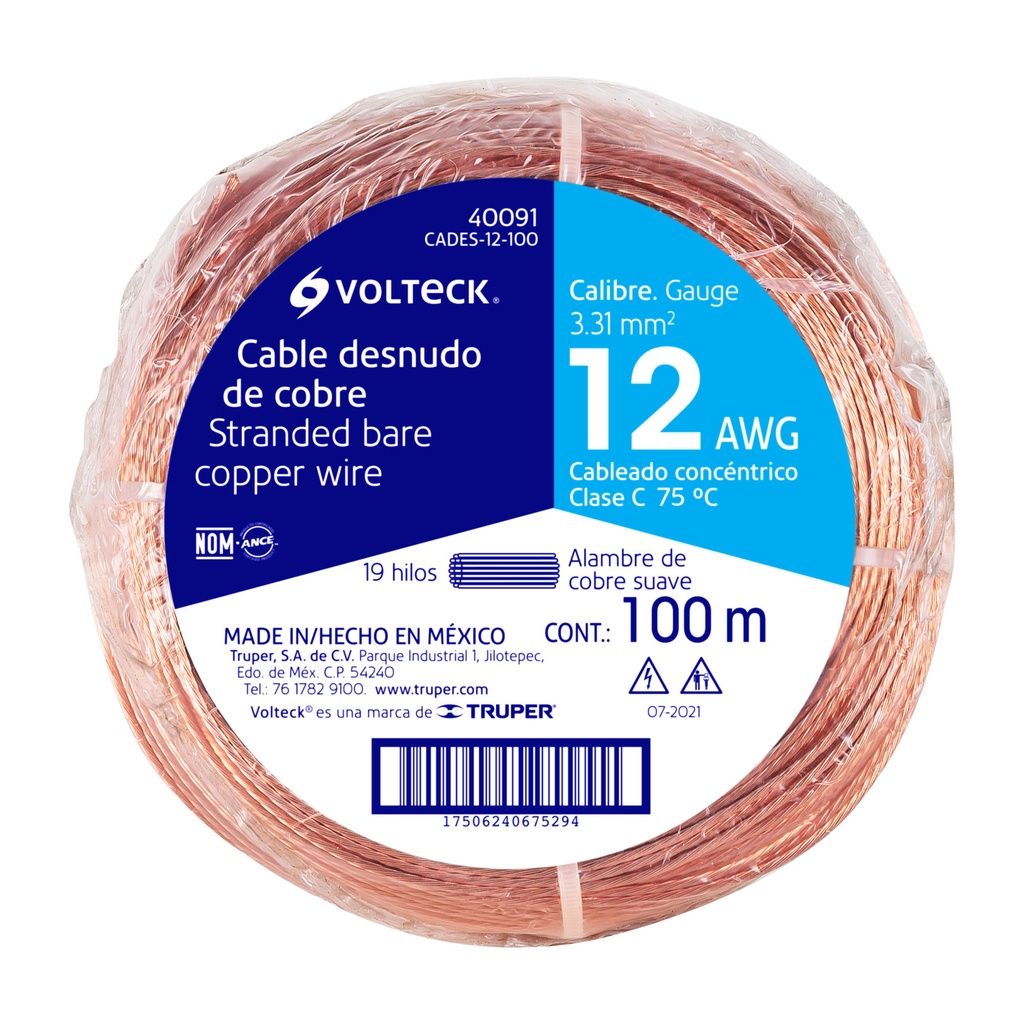 CADES-12-100 | Metro de cable desnudo de cobre calibre 12 AWG, rollo 100 m