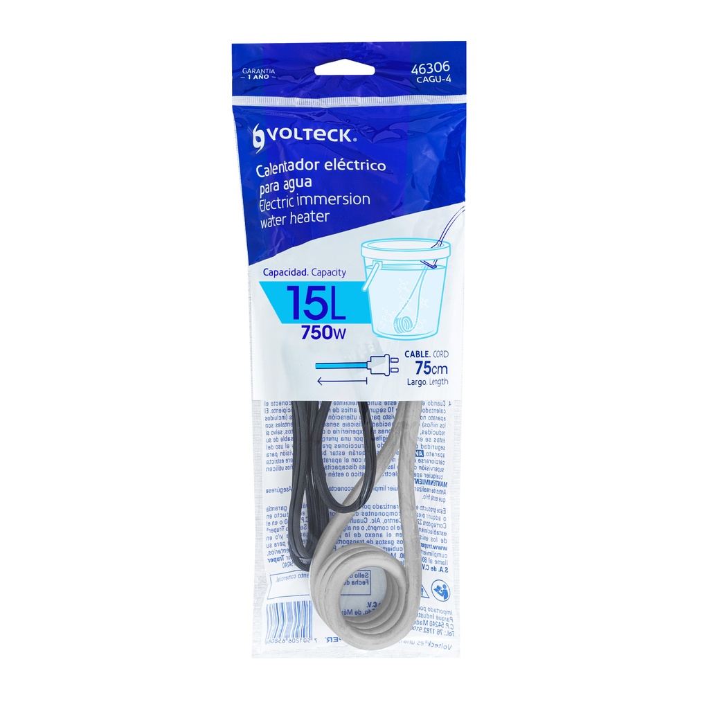 CAGU-4 | Calentador #4 de 15 L de inmersión 750 W p/agua, Volteck