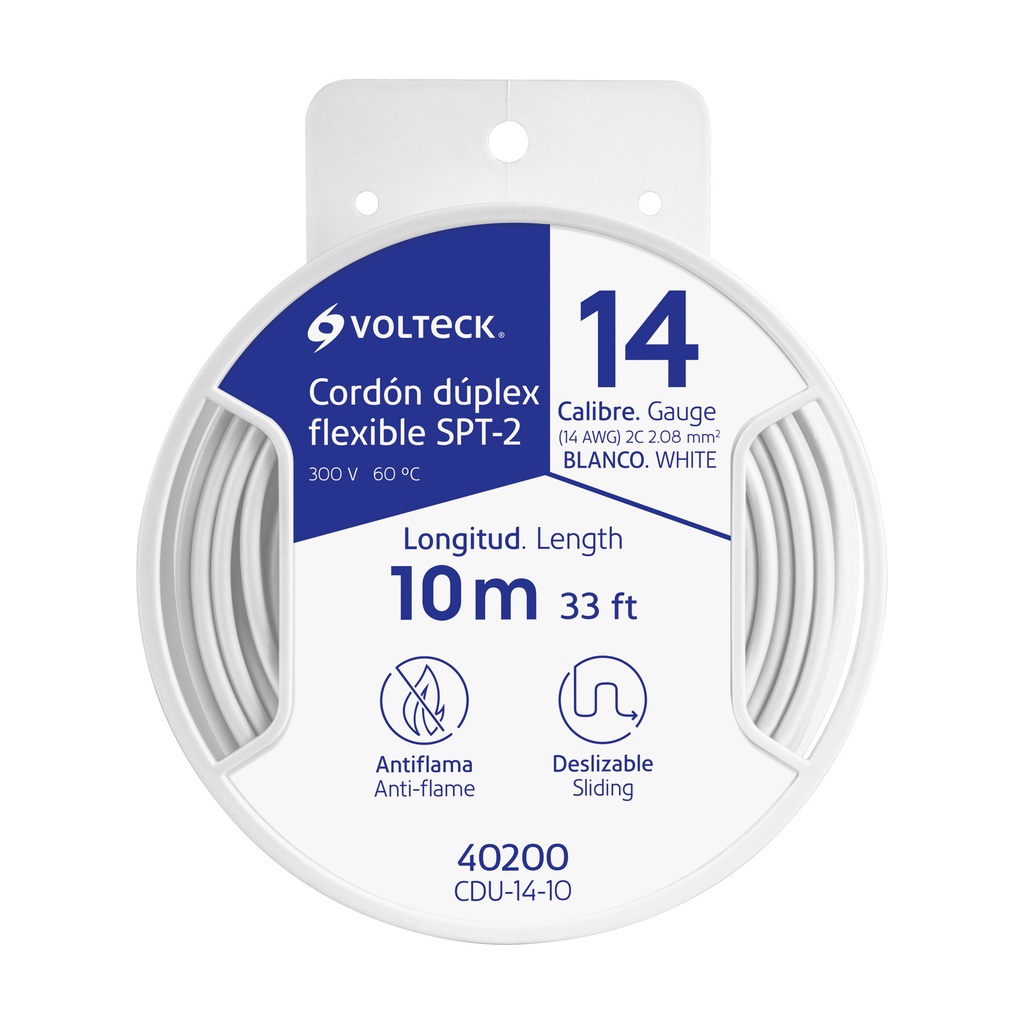 CDU-14-10 | Carrete con 10 m cordón dúplex flexible SPT 14 AWG, Volteck