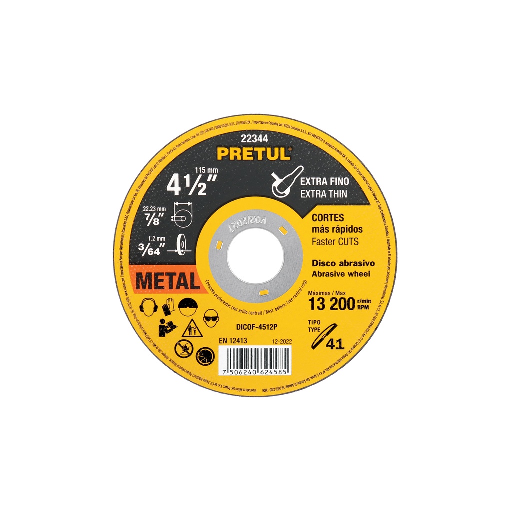 DICOF-4512P | Disco Tipo 41 de 4-1/2' x 1.2 mm corte fino de metal, Pretul