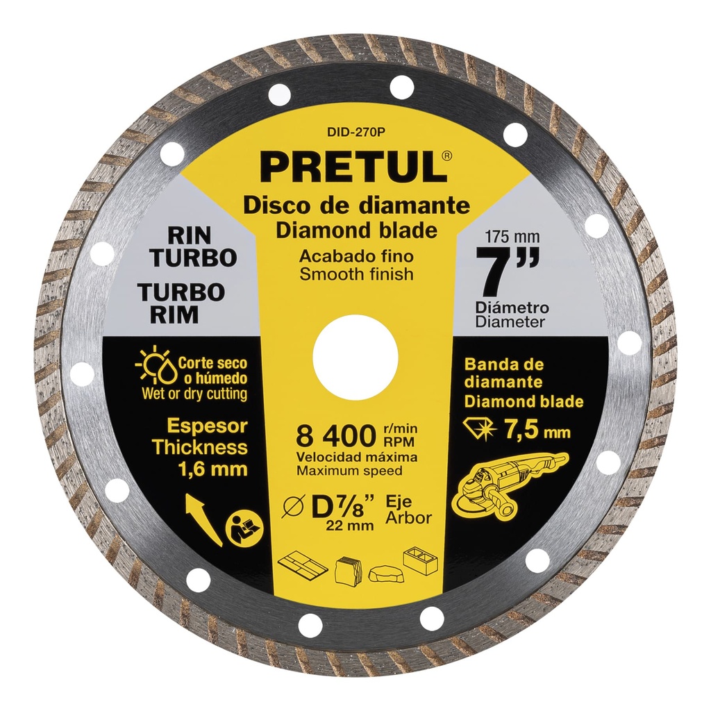 DID-270P | Disco de diamante de 7' x 1.6 mm rin turbo, Pretul