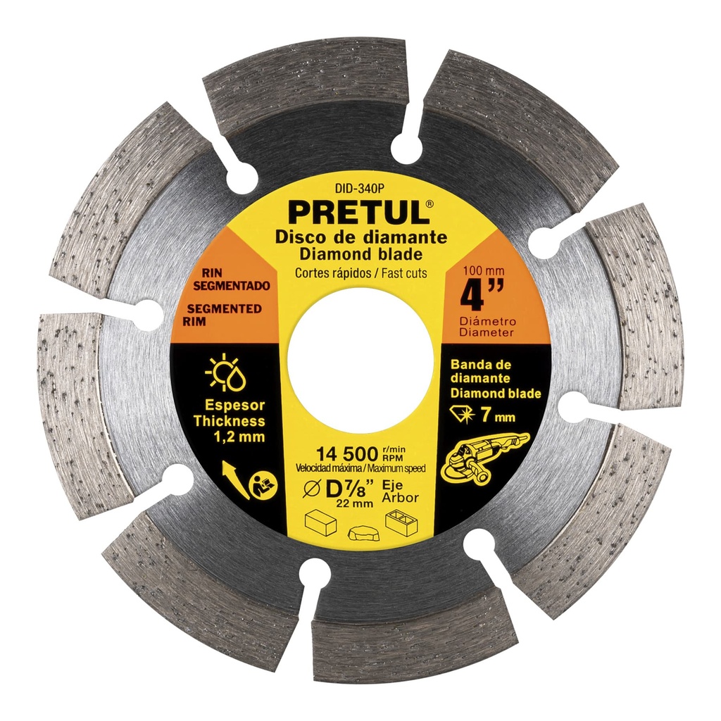 DID-340P | Disco de diamante de 4' x 1.2 mm rin segmentado, Pretul