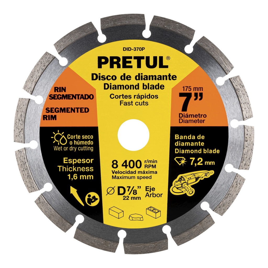 DID-370P | Disco de diamante de 7' x 1.6 mm rin segmentado, Pretul