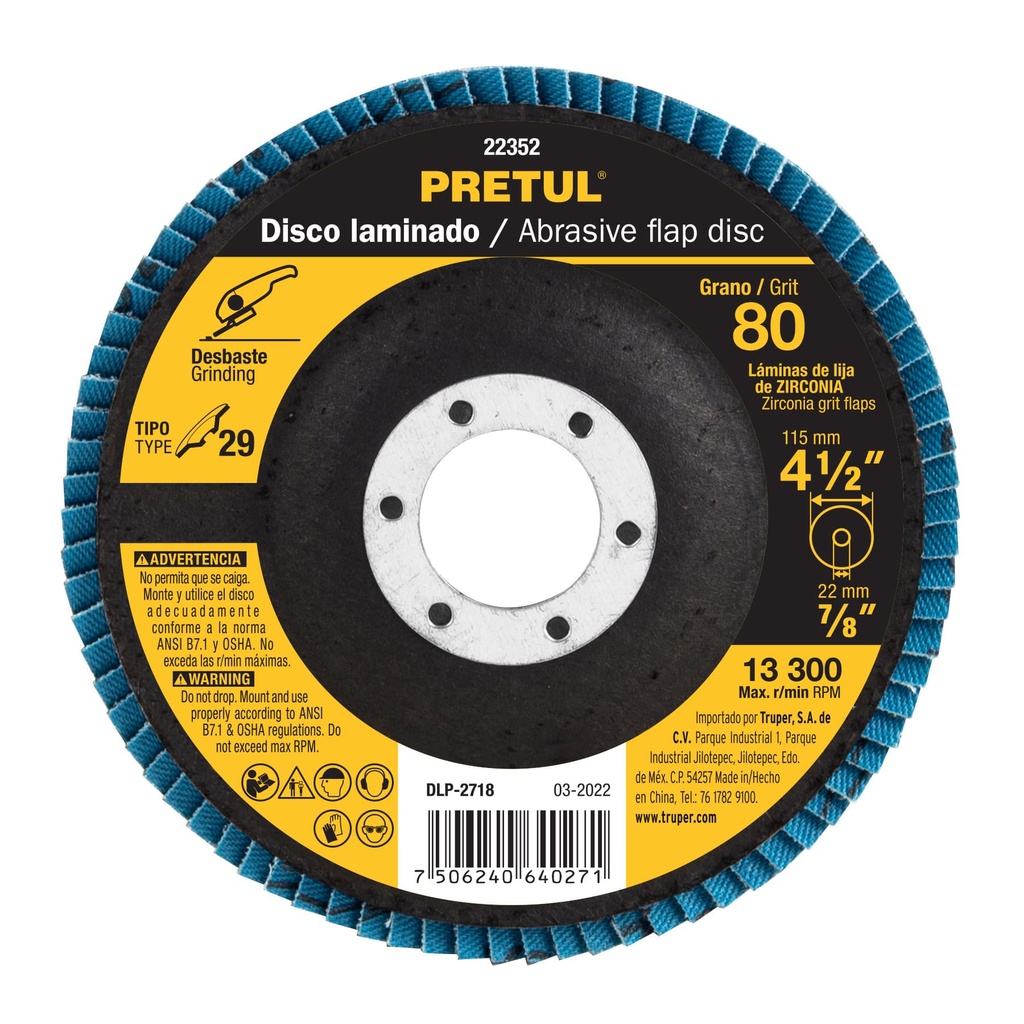 DLP-2718 | Disco 4-1/2' laminado grano 80 centro 7/8', Pretul