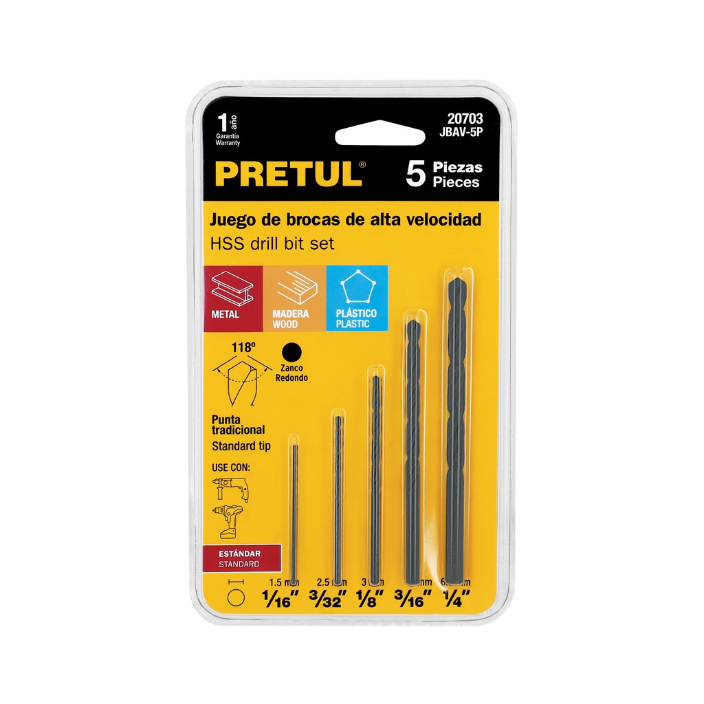 JBAV-5P | Juego de 5 brocas HSS para metal, Pretul