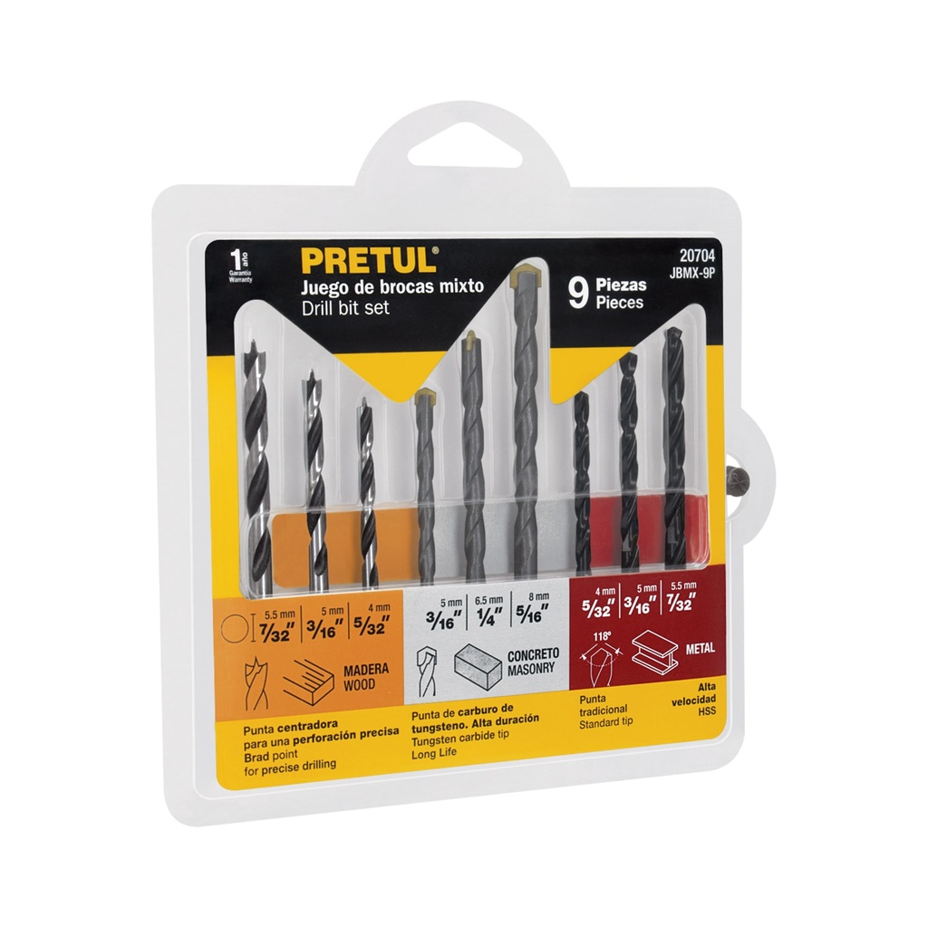 JBMX-9P | Juego de 9 brocas para metal, concreto y madera, Pretul