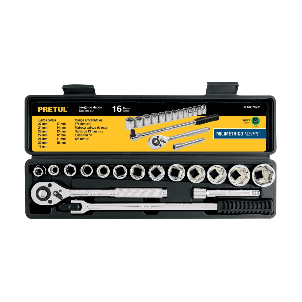 JD-1/2X17MM-P | Juego de 16 herramientas 1/2' mm para mecánico, Pretul