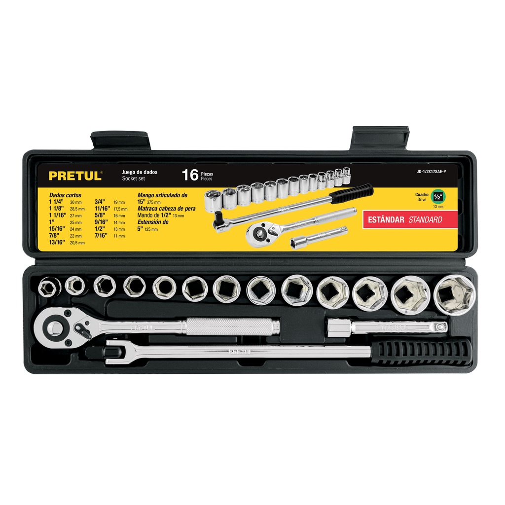 JD-1/2X17SAE-P | Juego de 16 herramientas 1/2' std para mecánico, Pretul