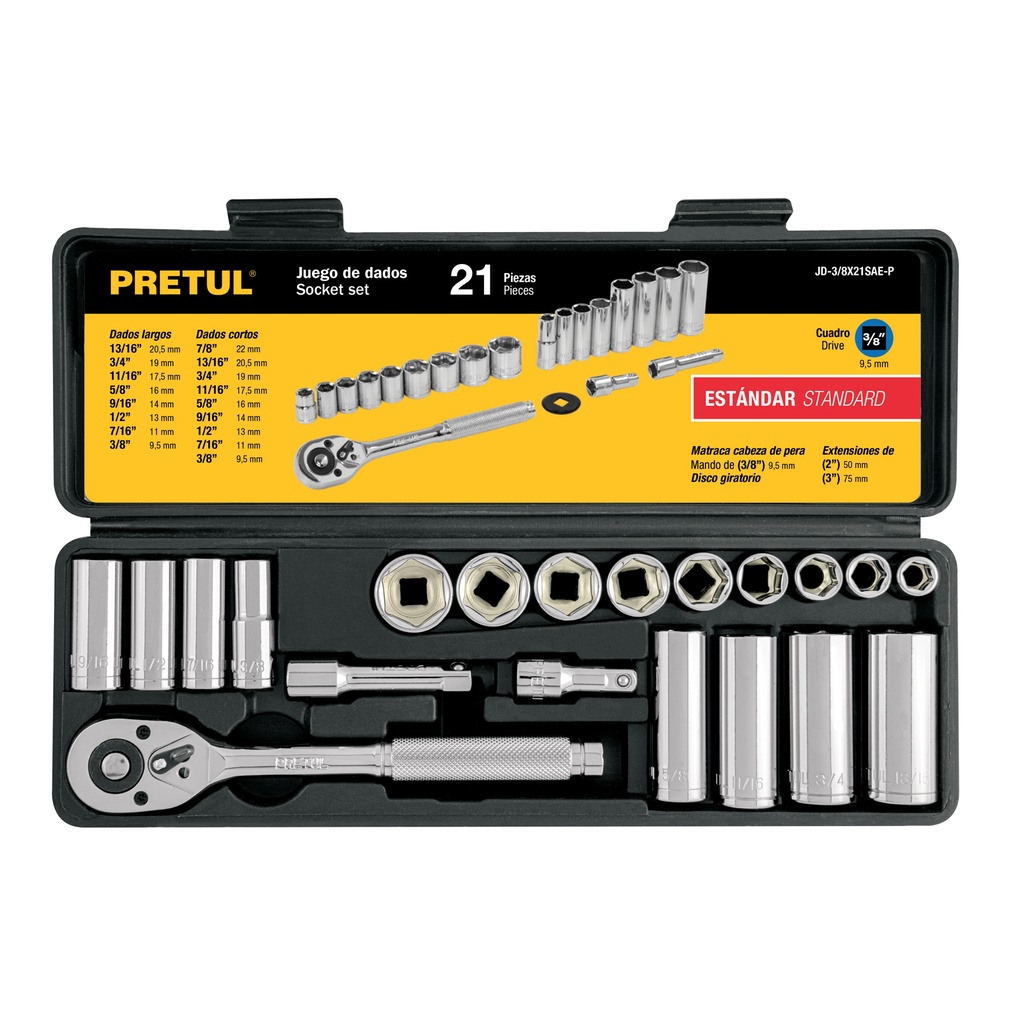 JD-3/8X21SAE-P | Juego de 21 herramientas 3/8' std para mecánico, Pretul