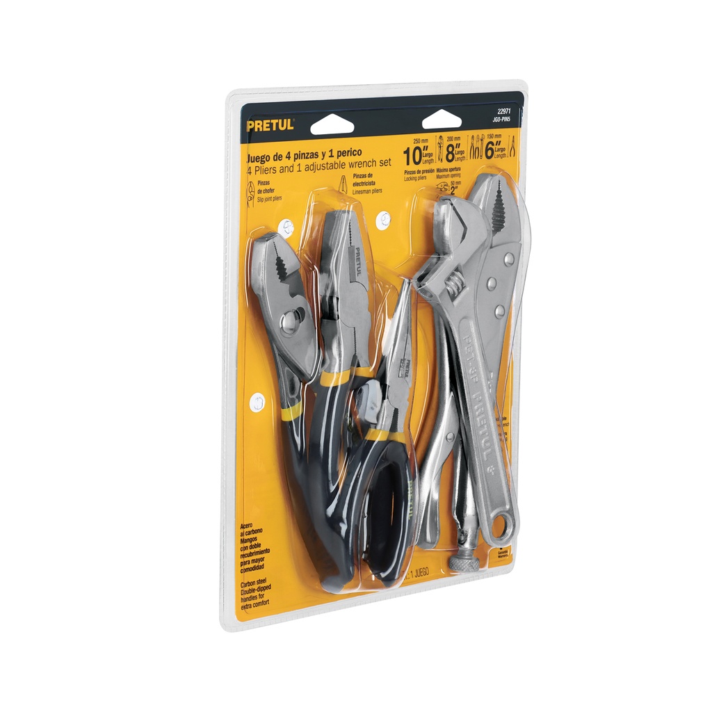 JGO-PIN5 | Juego de 4 pinzas y 1 llave ajustable mango de vinil, Pretul