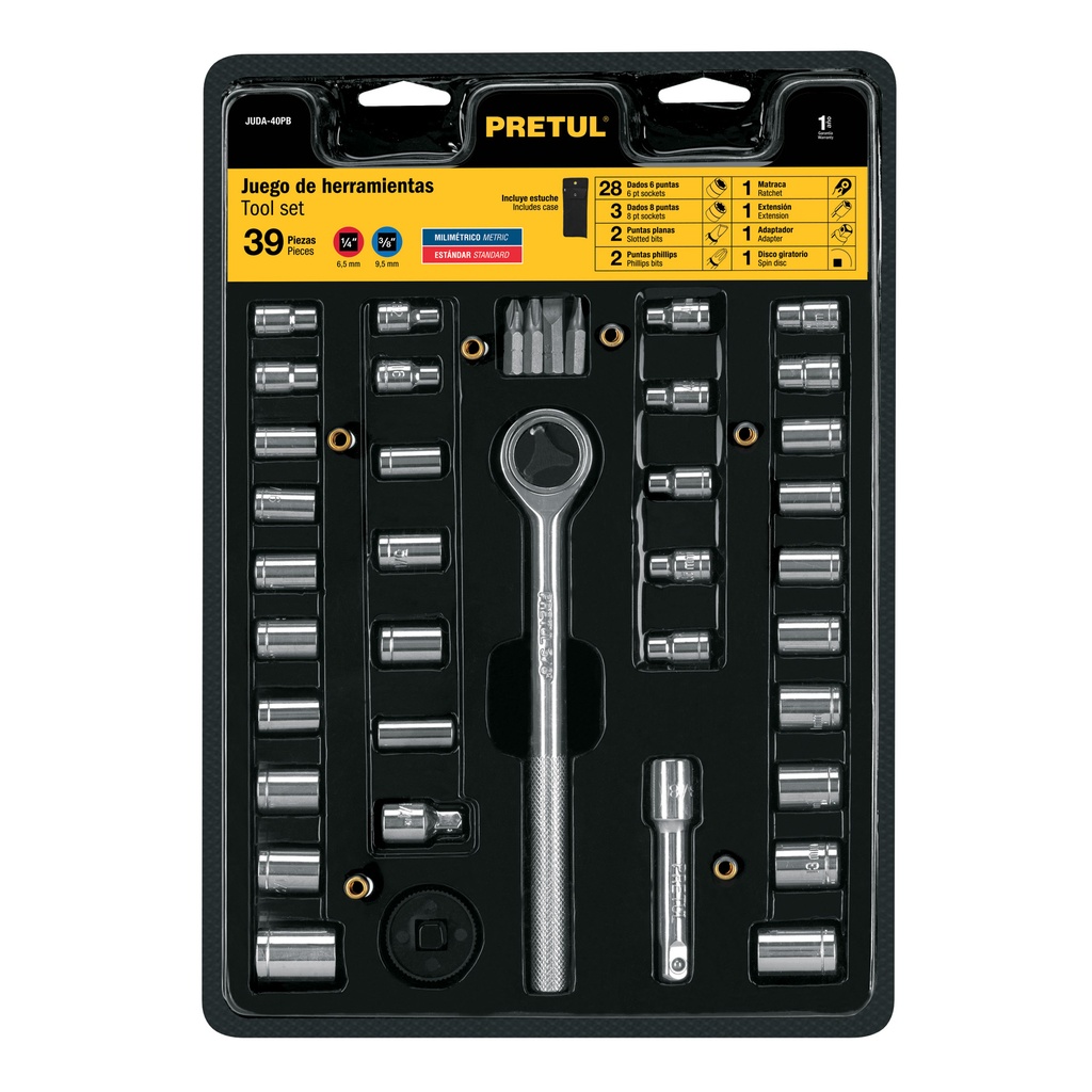 JUDA-40PB | Juego de 39 herramientas 1/4' y 3/8' para mecánico, Pretul
