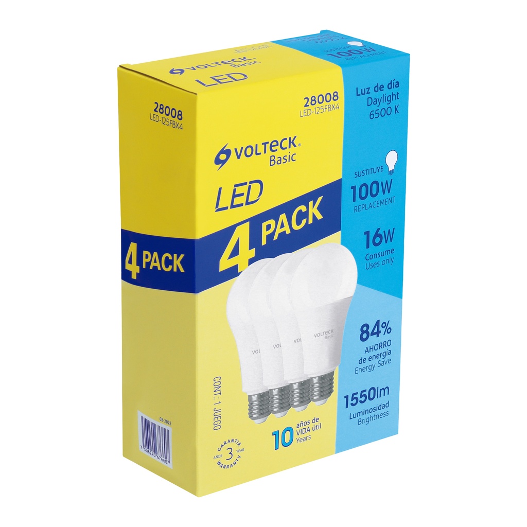 LED-125FBX4 | Pack de 4 lámparas LED A19 16 W (equiv. 100 W), luz de día