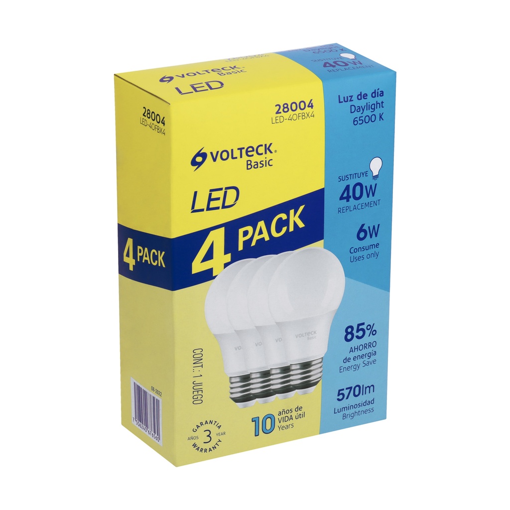 LED-40FBX4 | Pack de 4 lámparas LED A19 6 W (equiv. 40 W), luz de día