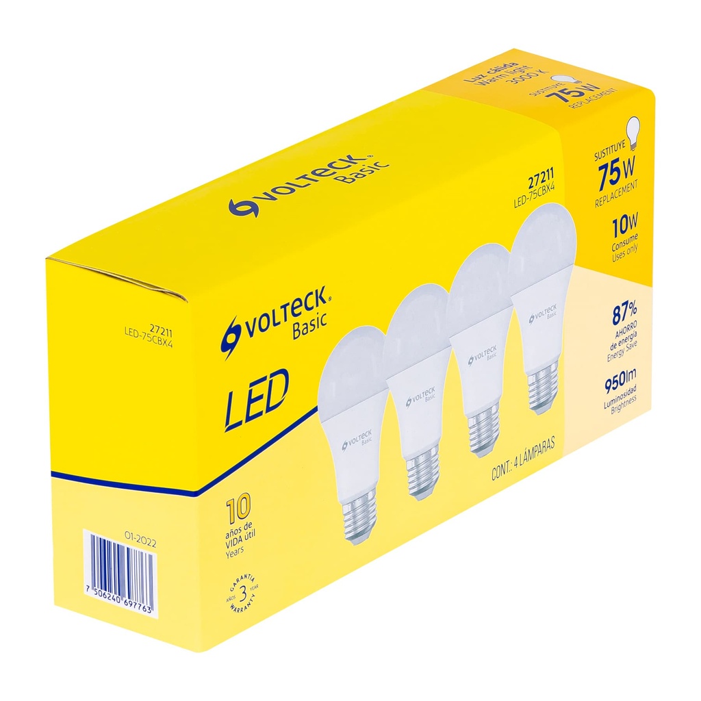 LED-75CBX4 | Pack de 4 lámparas LED A19 10 W (equiv. 75 W), luz cálida