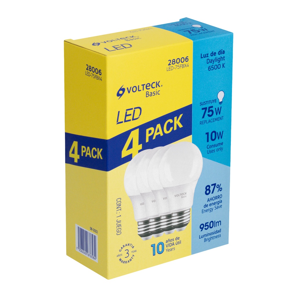 LED-75FBX4 | Pack de 4 lámparas LED A19 10 W (equiv. 75 W), luz de día