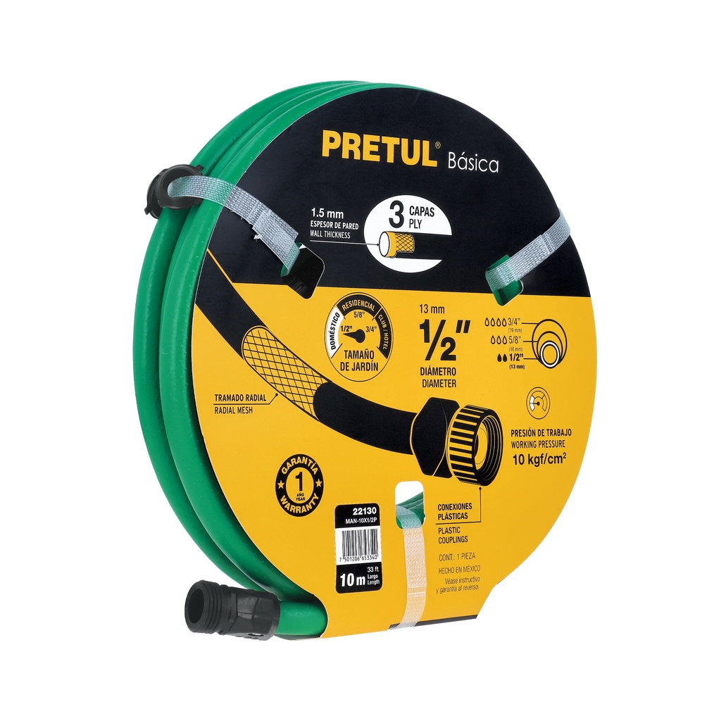 MAN-10X1/2P | Manguera verde 1/2' 2 capas 10m conexiones plásticas, Pretul