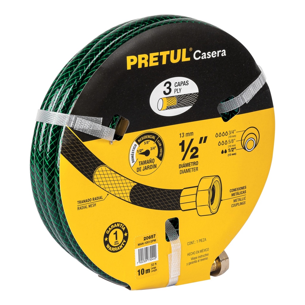 MAN-10X1/2PM | Manguera 1/2' reforzada 3 capas conexiones metal 10m, Pretul