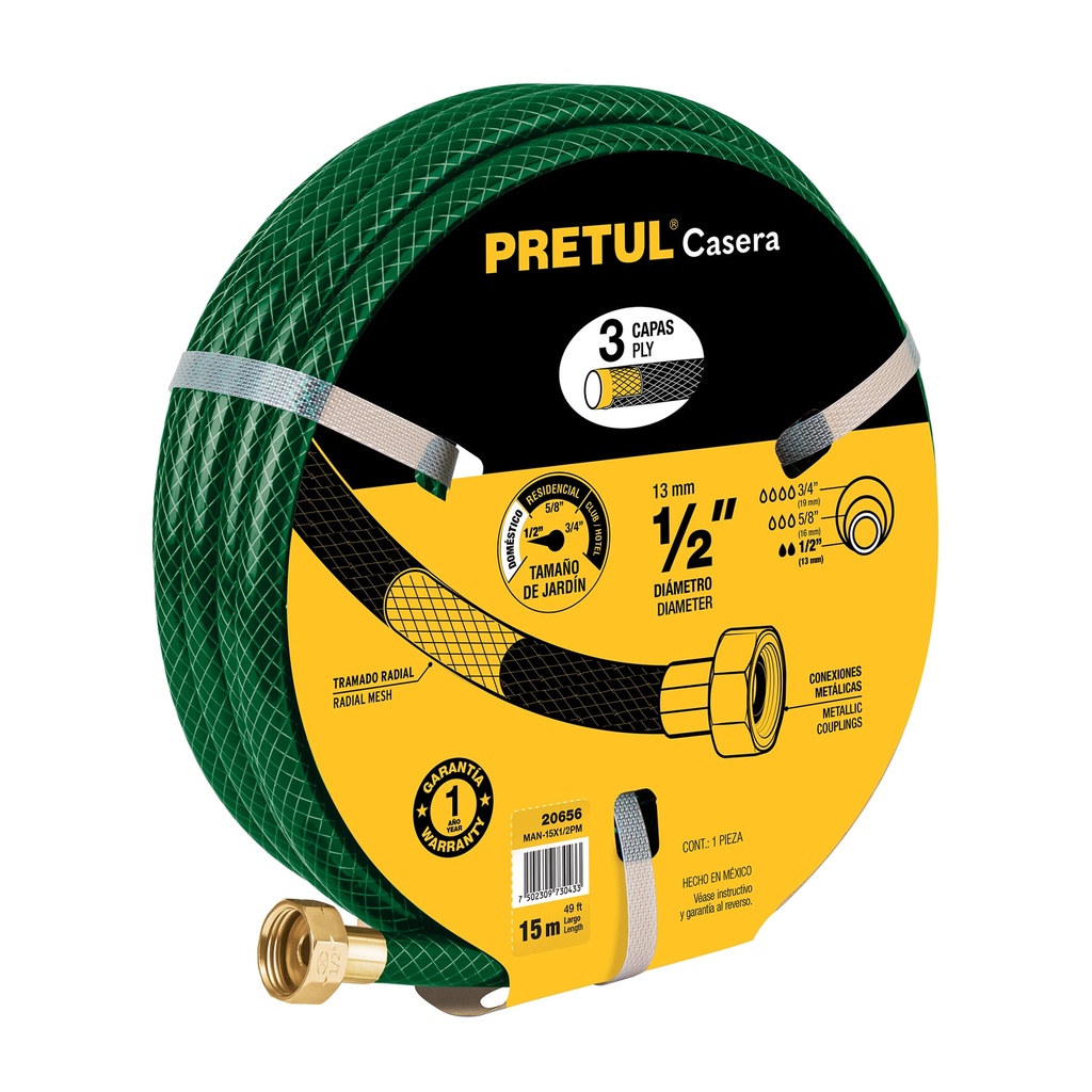 MAN-15X1/2PM | Manguera 1/2' reforzada 3 capas conexiones metal 15m, Pretul