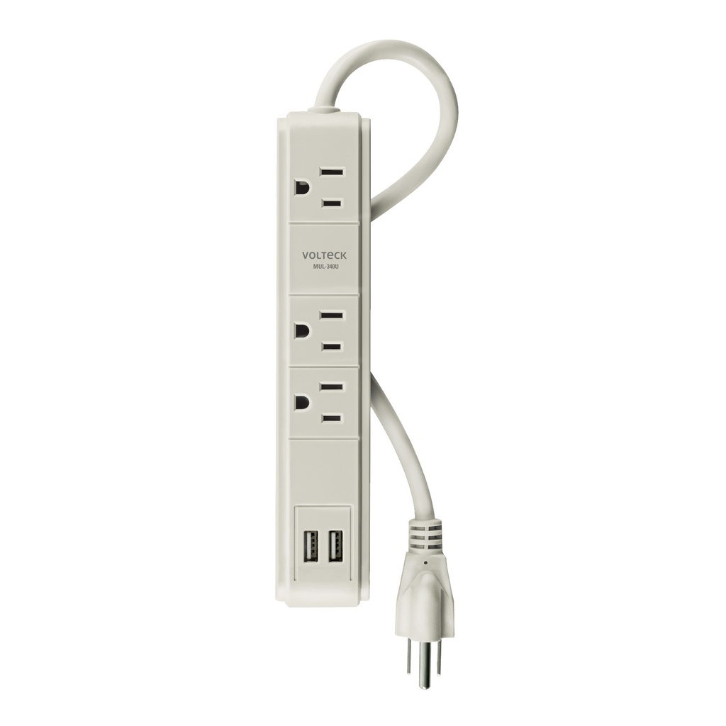 MUL-340U | Multicontacto 16 AWG 3 entradas 2 puertos USB supresor 300 J