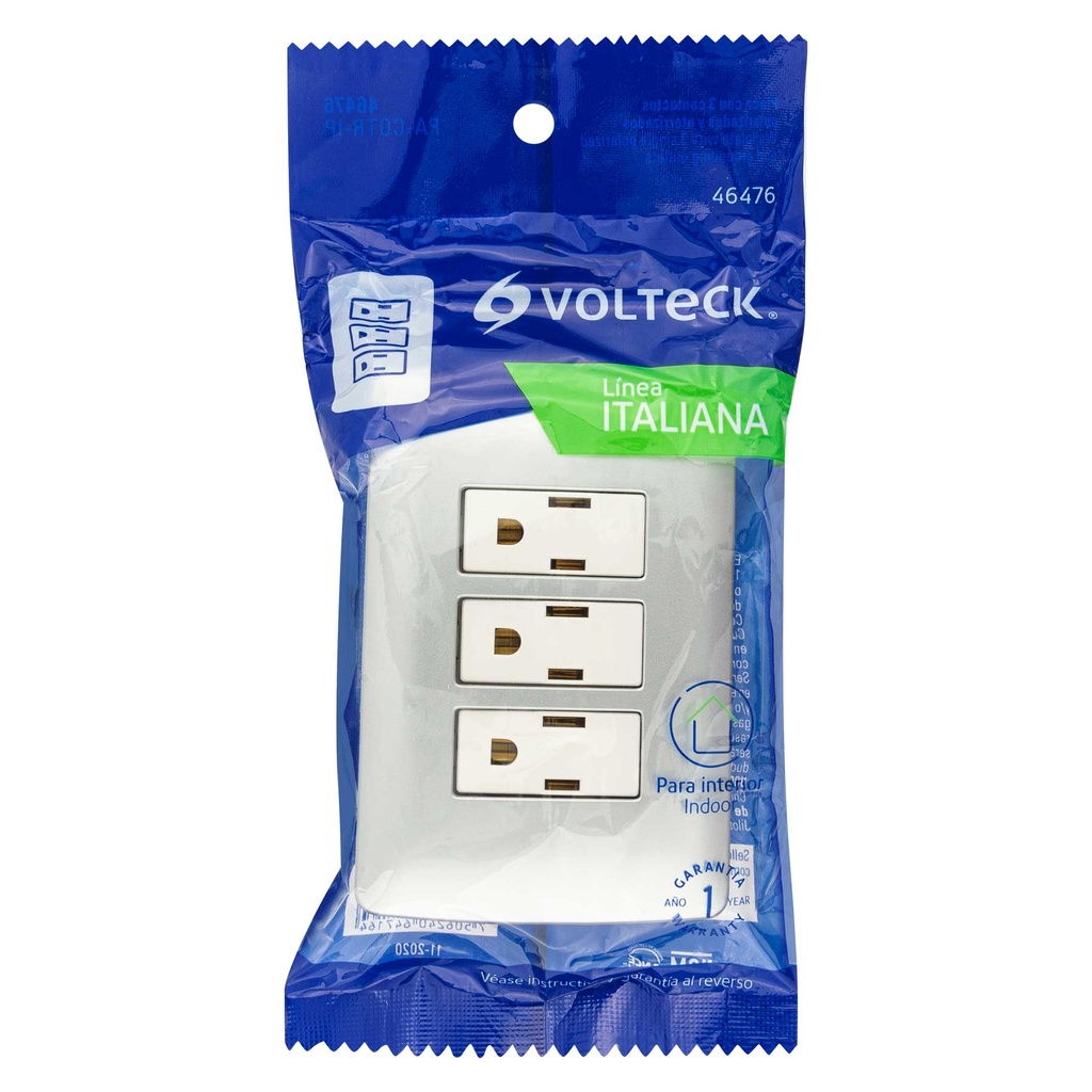 PA-COTR-IP | Placa armada 3 contactos aterrizados, plata, línea Italiana