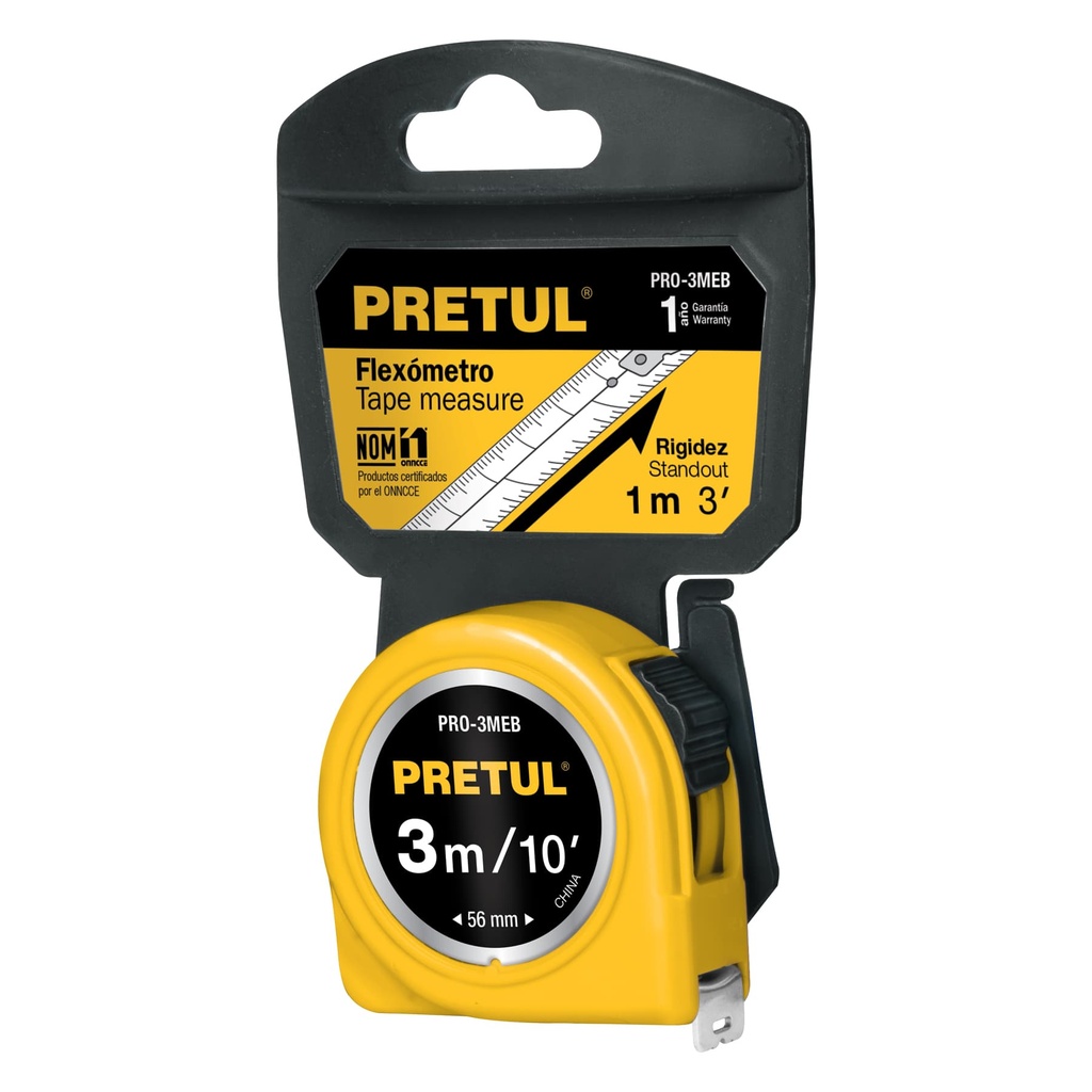 PRO-3MEB | Flexómetro amarillo 3 m cinta 13 mm, en tarjeta, Pretul