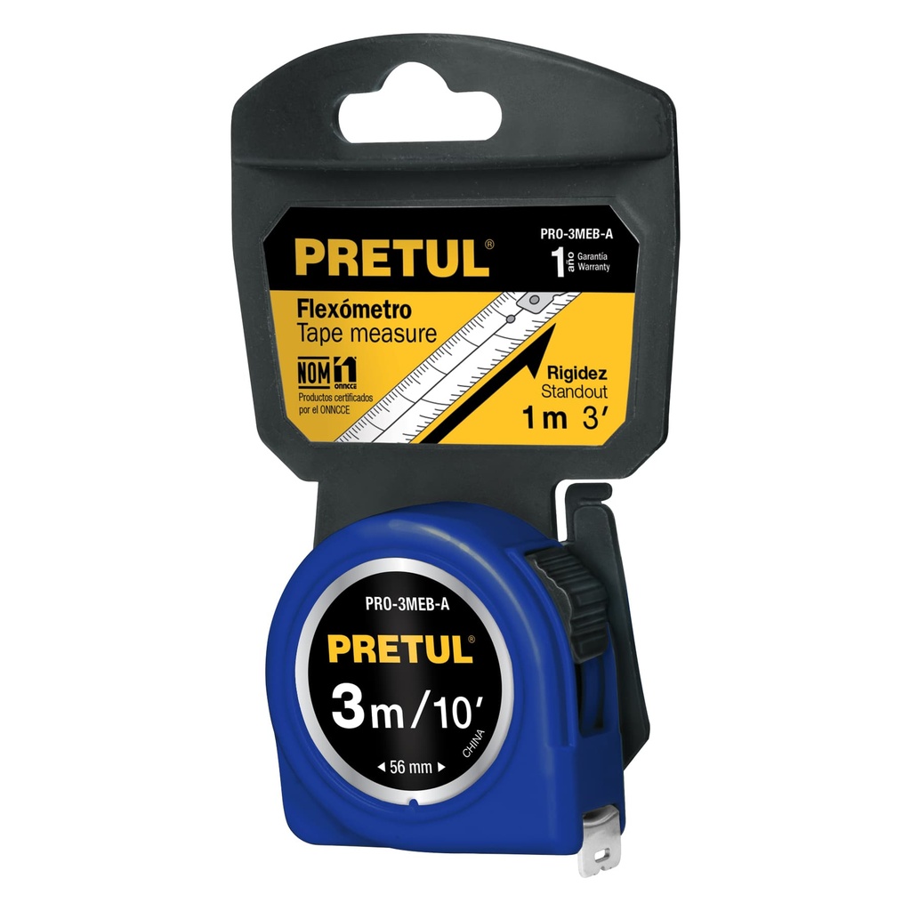 PRO-3MEB-A | Flexómetro azul 3 m cinta 13 mm, en tarjeta, Pretul