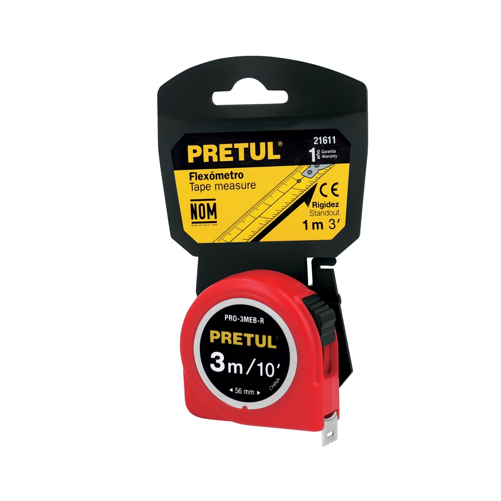 PRO-3MEB-R | Flexómetro verde 3 m cinta 13 mm, en tarjeta, Pretul